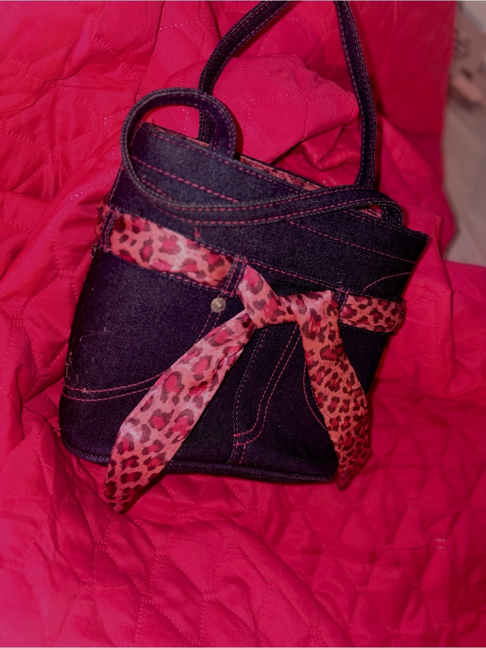 No Boundaries Dark Denim Mini Tote with Pink Leopard Scarf